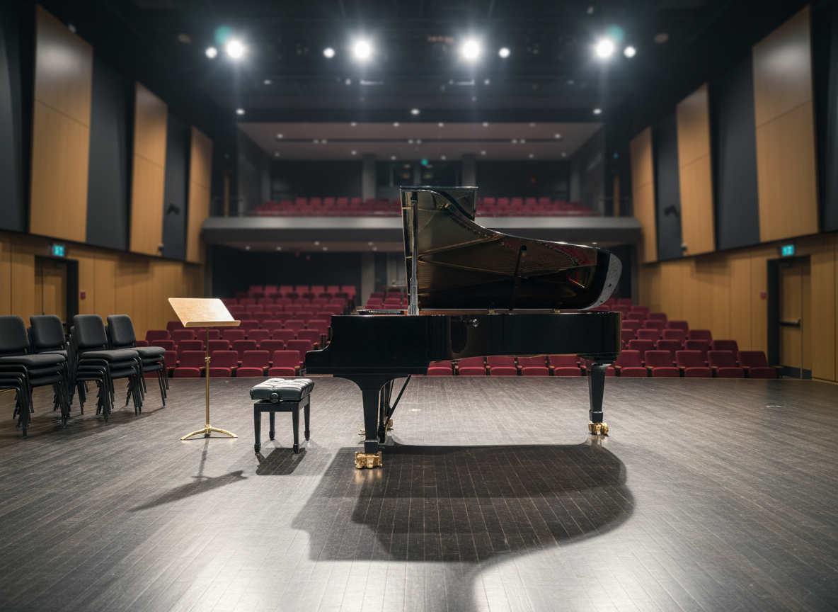 A dramatic wide-angle photographic image of a large, polished black concert grand piano centered on a glossy hardwood stage in a modern school auditorium. The empty rows of dark red seats recede into a softly blurred background, with sleek acoustic panels lining the walls. Intense, focused stage spotlights beam down from above, carving sharp highlights across the open lid and casting bold, dynamic shadows on the floor. A shiny brass music stand and a cluster of neatly arranged orchestral chairs hint at upcoming performances. Captured from a low, front-facing angle with sharp focus on the piano and subtle bokeh in the distance, the atmosphere feels bold, professional, and performance-ready, celebrating excellence in instrumental music education through photographic realism.